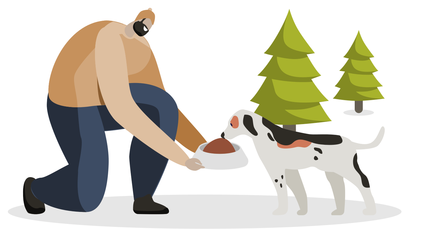 Illustratun d'un homme et d'un chien